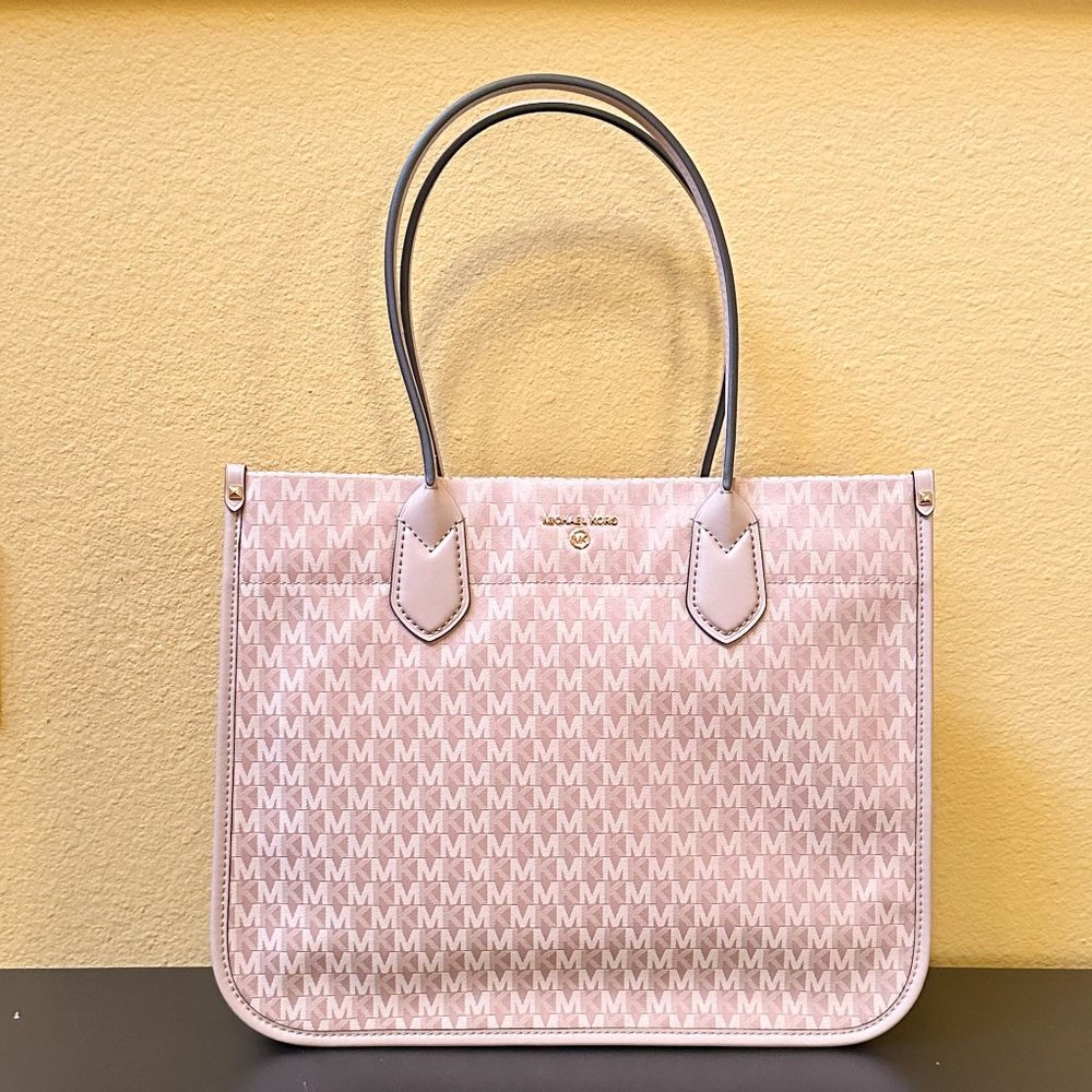 Michael Kors Heidi Large Shoulder Tote Bag Satin Fabric MK Fawn